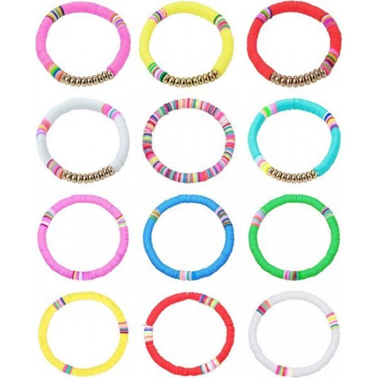 12Pcs Heishi Surfer Bracelets For Women Colorful Friendship Vsco Boho Bead Bracelet Stackable Rainbow Bracelet Polymer Clay Elastic Rope Bracelet Summer Beach Jewelry